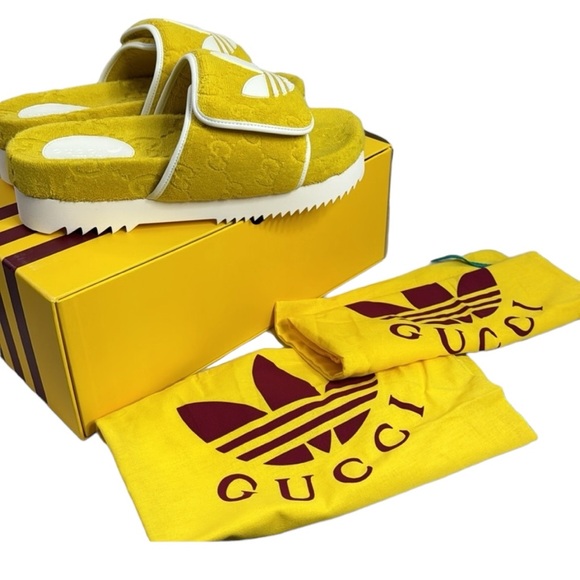 GUCCI NWT YELLOW WHITE MEN’S ADIDAS SLIDES SANDALS SIZE 10 MADE IN ITALY - Picture 9 of 9